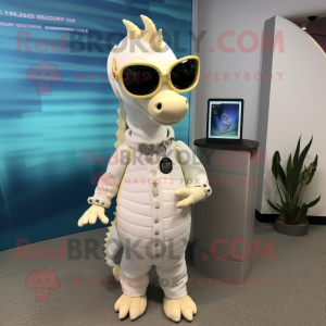 Cream Sea Horse mascot costume character dressed with a Romper and Sunglasses