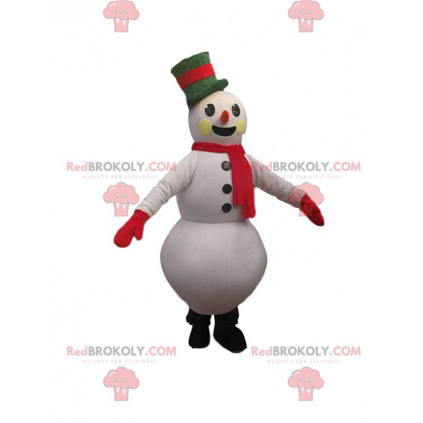 Mascota de muñeco de nieve con un hermoso sombrero verde -