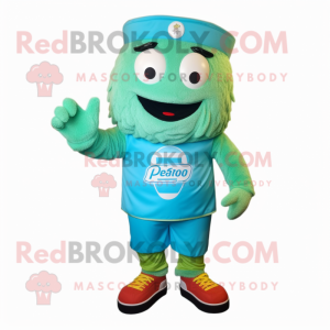 Sky Blue Pesto Pasta mascot costume character dressed with a Cargo Shorts and Watches