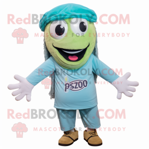 Sky Blue Pesto Pasta mascot costume character dressed with a Cargo Shorts and Watches