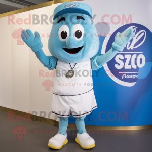 Sky Blue Pesto Pasta mascot costume character dressed with a Cargo Shorts and Watches