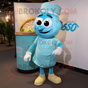 Sky Blue Pesto Pasta mascot costume character dressed with a Cargo Shorts and Watches