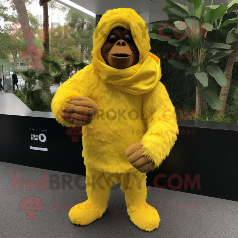 Lemon Yellow Orangutan mascot costume character dressed with a Turtleneck and Wraps