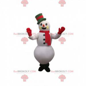 Mascotte de bonhomme de neige avec un beau chapeau vert -