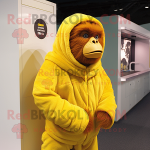 Lemon Yellow Orangutan mascot costume character dressed with a Turtleneck and Wraps