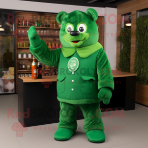 Forest Green Green Beer mascot costume character dressed with a Bodysuit and Mittens