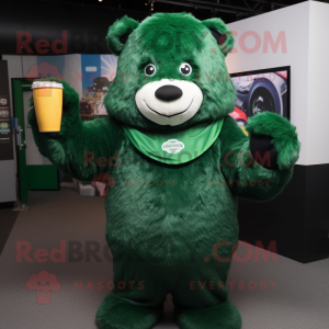 Forest Green Green Beer mascot costume character dressed with a Bodysuit and Mittens