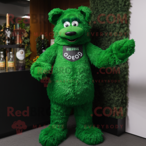 Forest Green Green Beer mascot costume character dressed with a Bodysuit and Mittens