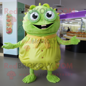 Lime Green Crab Cakes mascot costume character dressed with a Wrap Dress and Belts