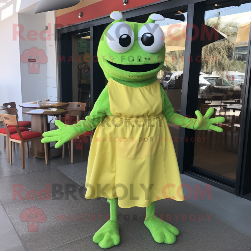 Lime Green Crab Cakes mascot costume character dressed with a Wrap Dress and Belts Lime Green Crab Cakes mascot costume character dressed with a Wrap Dress and Belts
