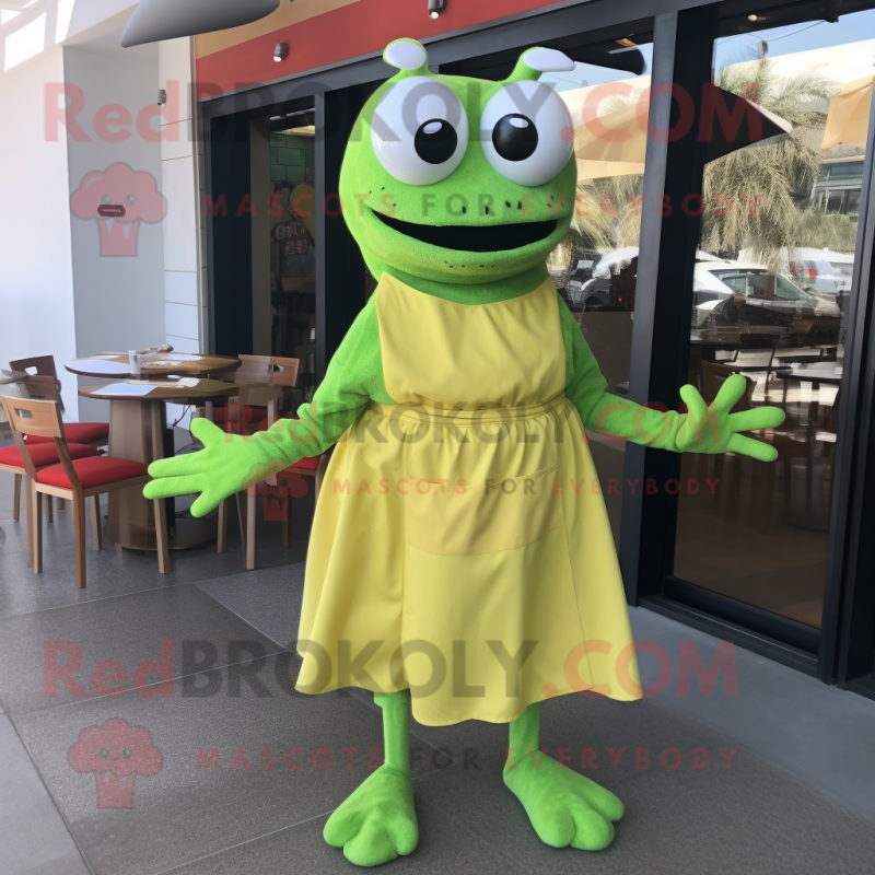 Lime Green Crab Cakes mascot costume character dressed with a Wrap Dress and Belts