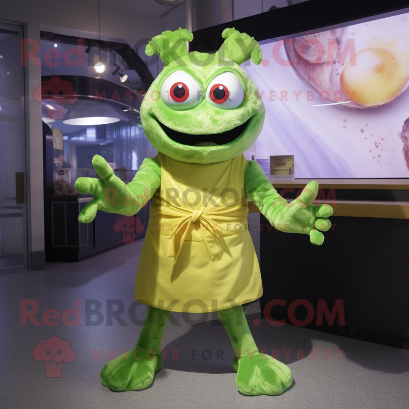 Lime Green Crab Cakes mascot costume character dressed with a Wrap Dress and Belts