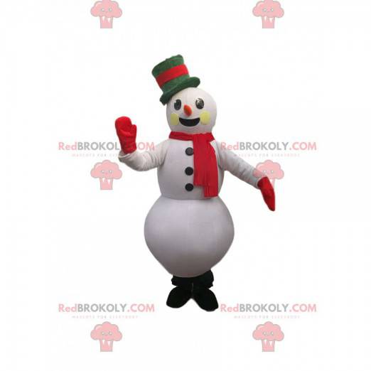 Mascotte de bonhomme de neige avec un beau chapeau vert -