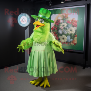 Lime Green Rooster mascot costume character dressed with a Circle Skirt and Hat pins