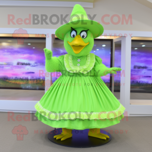 Lime Green Rooster mascot costume character dressed with a Circle Skirt and Hat pins