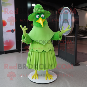 Lime Green Rooster mascot costume character dressed with a Circle Skirt and Hat pins