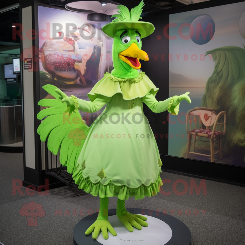 Lime Green Rooster mascot costume character dressed with a Circle Skirt and Hat pins