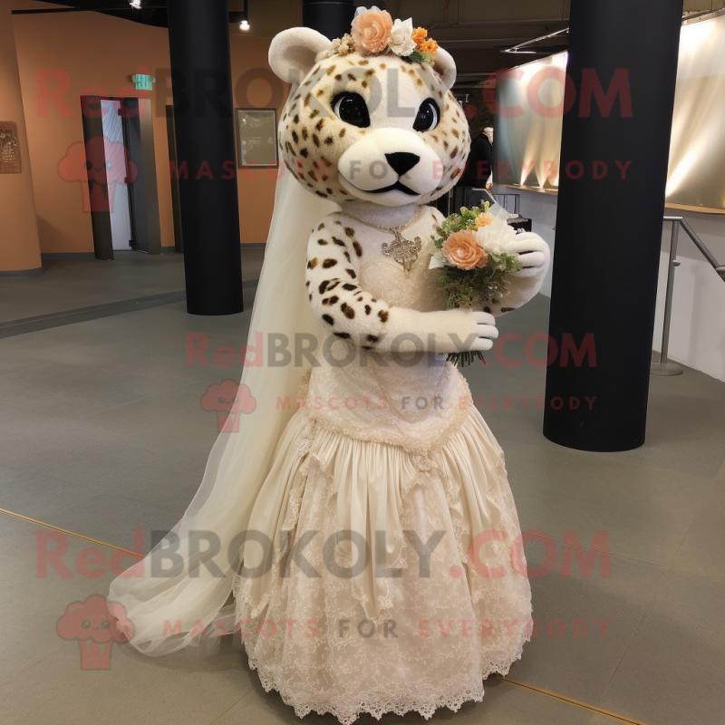 Tan Leopard mascot costume character dressed with a Wedding Dress and Cummerbunds Tan Leopard mascot costume character dressed with a Wedding Dress and Cummerbunds