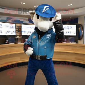 Blue Horseshoe mascot costume character dressed with a Leather Jacket and Caps
