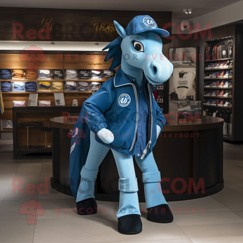 Blue Horseshoe mascot costume character dressed with a Leather Jacket and Caps Blue Horseshoe mascot costume character dressed with a Leather Jacket and Caps