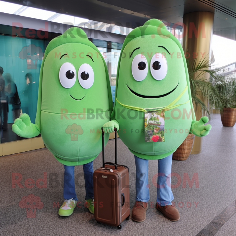 nan Green Bean mascot costume character dressed with a Boyfriend Jeans and Briefcases nan Green Bean mascot costume character dressed with a Boyfriend Jeans and Briefcases