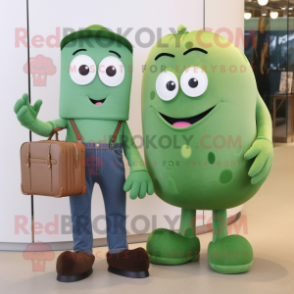 nan Green Bean mascot costume character dressed with a Boyfriend Jeans and Briefcases