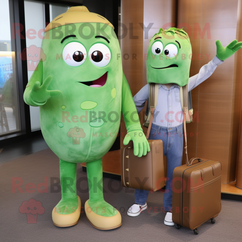 nan Green Bean mascot costume character dressed with a Boyfriend Jeans and Briefcases nan Green Bean mascot costume character dressed with a Boyfriend Jeans and Briefcases