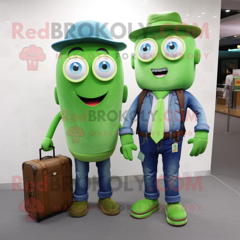 nan Green Bean mascot costume character dressed with a Boyfriend Jeans and Briefcases nan Green Bean mascot costume character dressed with a Boyfriend Jeans and Briefcases