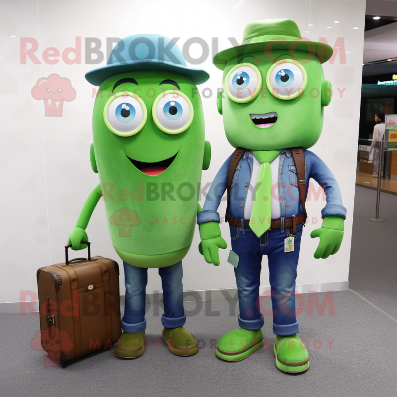 nan Green Bean mascot costume character dressed with a Boyfriend Jeans and Briefcases