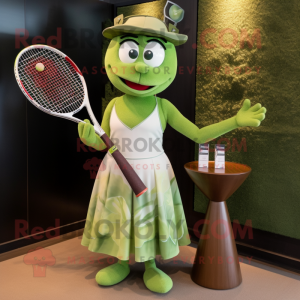 Olive Tennis Racket mascot costume character dressed with a Cocktail Dress and Brooches