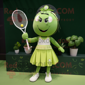Olive Tennis Racket mascot costume character dressed with a Cocktail Dress and Brooches