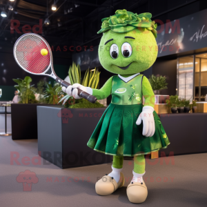 Olive Tennis Racket mascot costume character dressed with a Cocktail Dress and Brooches