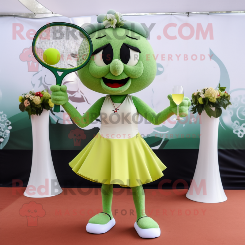 Olive Tennis Racket mascot costume character dressed with a Cocktail Dress and Brooches Olive Tennis Racket mascot costume character dressed with a Cocktail Dress and Brooches