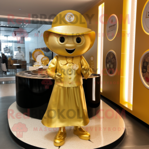 Gold Plate Spinner mascot costume character dressed with a Shift Dress and Berets