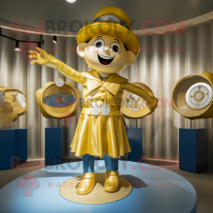 Gold Plate Spinner mascot costume character dressed with a Shift Dress and Berets