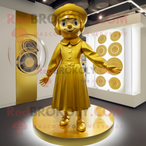 Gold Plate Spinner mascot costume character dressed with a Shift Dress and Berets
