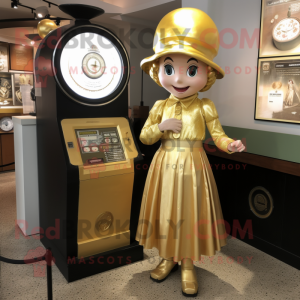 Gold Plate Spinner mascot costume character dressed with a Shift Dress and Berets