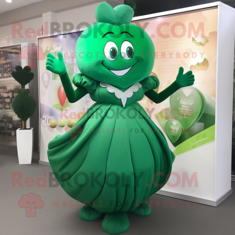 Forest Green Heart mascot costume character dressed with a Evening Gown and Coin purses Forest Green Heart mascot costume character dressed with a Evening Gown and Coin purses