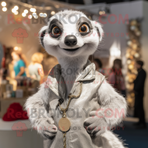 Silver Meerkat mascot costume character dressed with a Henley Shirt and Earrings