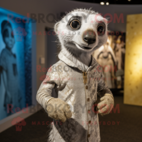 Silver Meerkat mascot costume character dressed with a Henley Shirt and Earrings