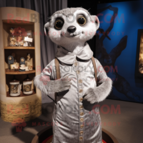 Silver Meerkat mascot costume character dressed with a Henley Shirt and Earrings