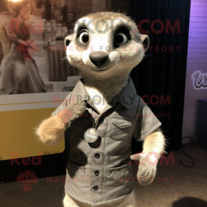 Silver Meerkat mascot costume character dressed with a Henley Shirt and Earrings