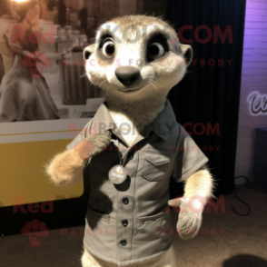 Silver Meerkat mascot costume character dressed with a Henley Shirt and Earrings