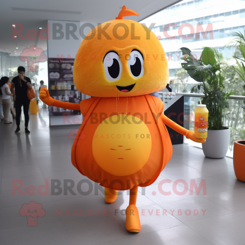 Orange Fried Rice mascot costume character dressed with a Cocktail Dress and Backpacks