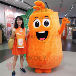 Orange Fried Rice mascot costume character dressed with a Cocktail Dress and Backpacks