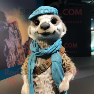 Sky Blue Meerkat mascot costume character dressed with a Cargo Shorts and Scarf clips