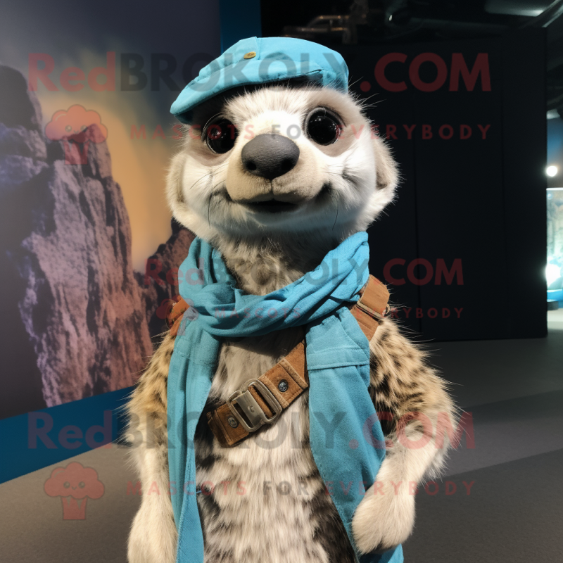 Sky Blue Meerkat mascot costume character dressed with a Cargo Shorts and Scarf clips