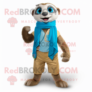 Sky Blue Meerkat mascot costume character dressed with a Cargo Shorts and Scarf clips