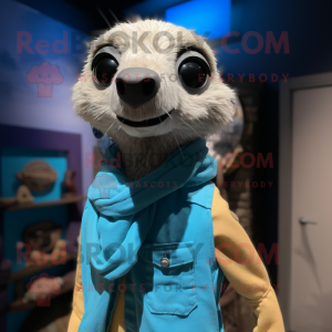 Sky Blue Meerkat mascot costume character dressed with a Cargo Shorts and Scarf clips