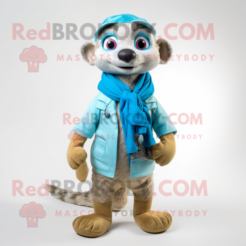 Sky Blue Meerkat mascot costume character dressed with a Cargo Shorts and Scarf clips